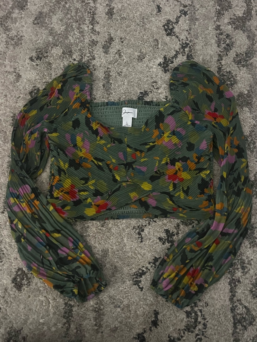 Japna Olive Green Floral Puff-Sleeve Crop Top